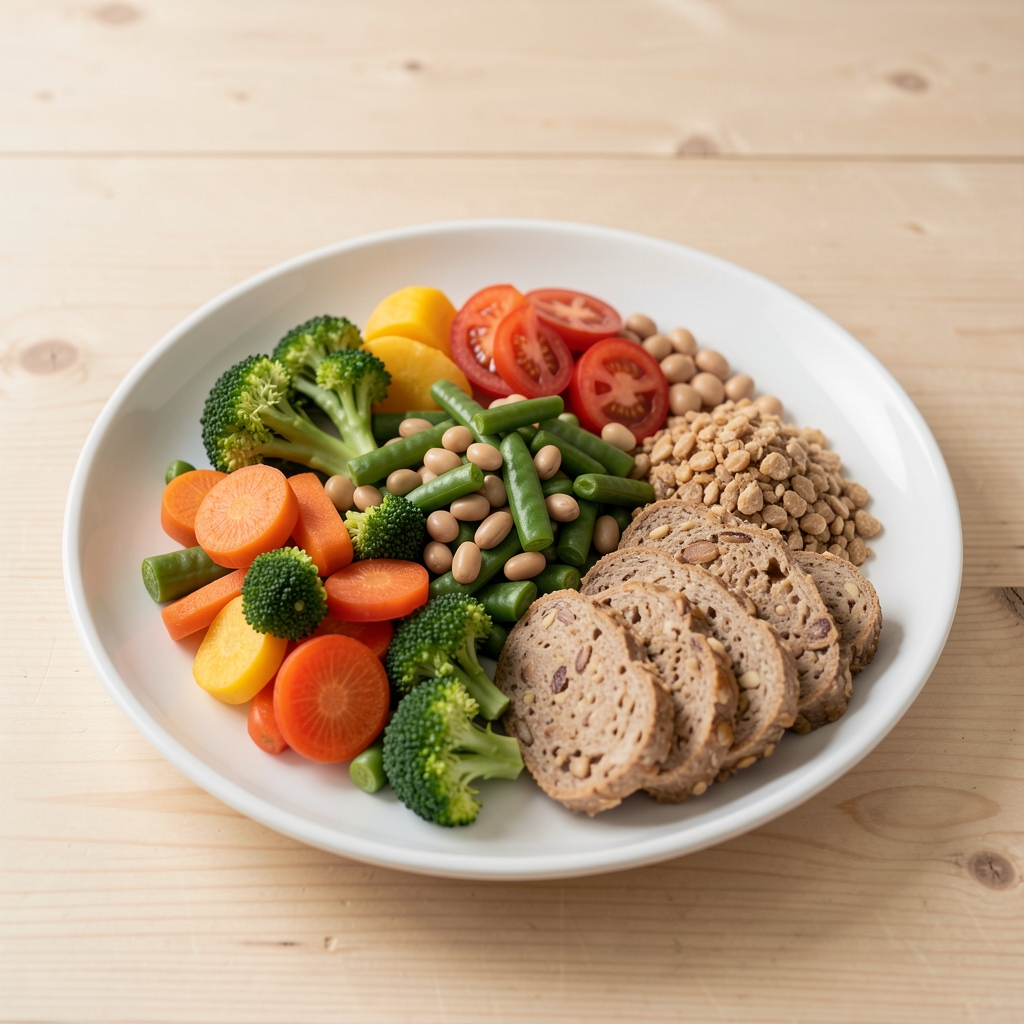 Frisch zubereitete ausgewogene Mahlzeit mit buntem Gemüse, Hülsenfrüchten und Vollkornprodukten auf einem hellen Holztisch