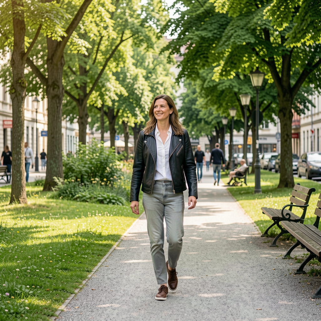 Person beim entspannten Spazierengehen in einem grünen Stadtpark in Zürich, natürliches Licht, aktiver Lebensstil im Alltag