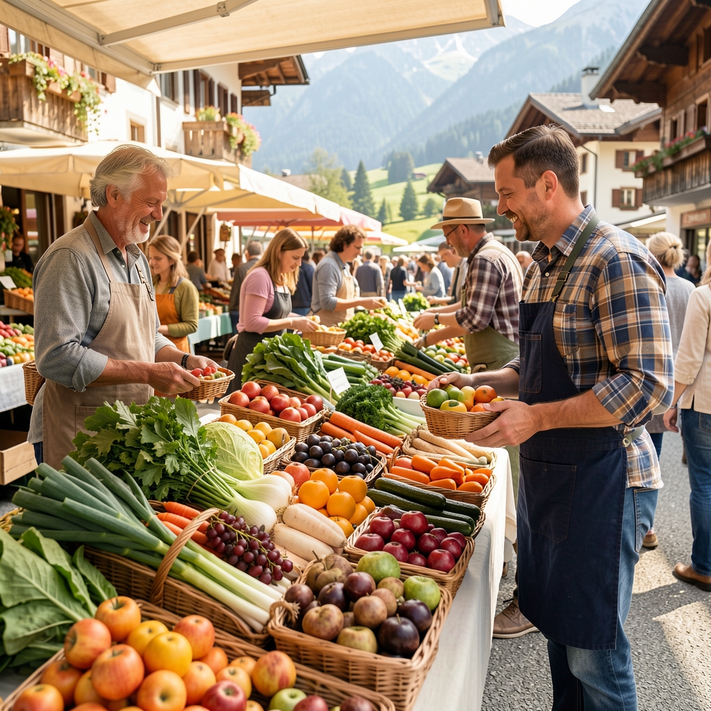 Frischer Wochenmarkt in der Schweiz mit saisonalem Gemüse, Obst und lokalen Produkten, lebhaftes Treiben bei Tageslicht