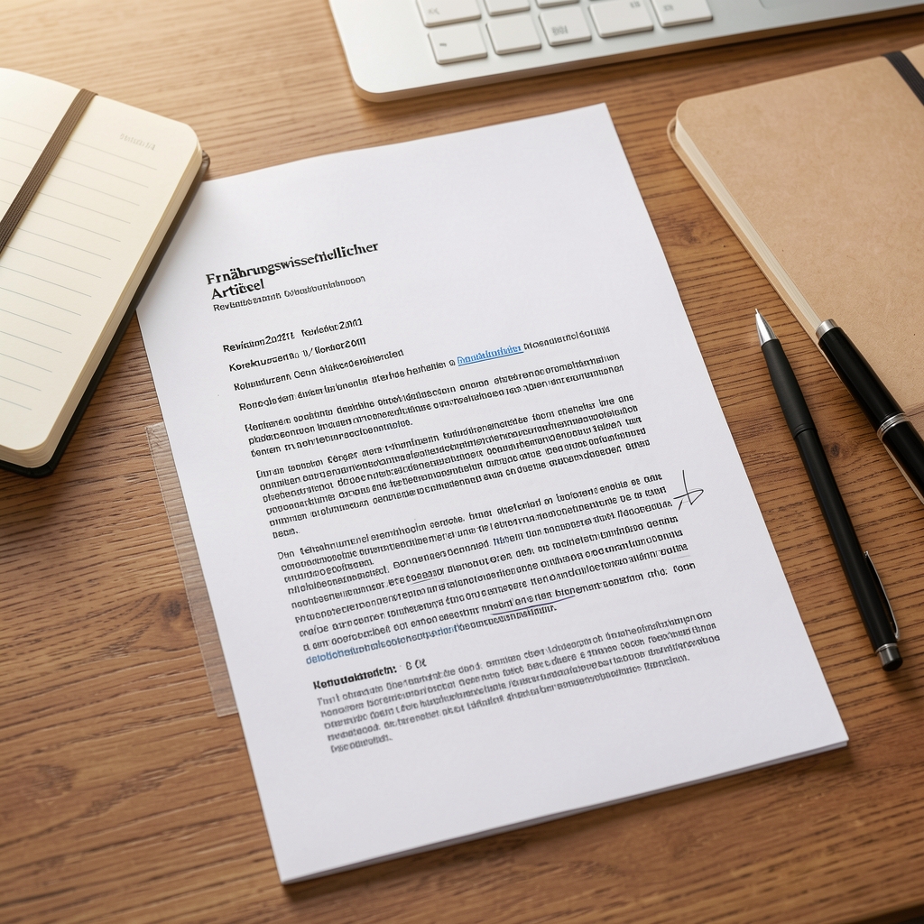Ernährungswissenschaftlicher Artikel mit Revisionsdatum, Korrekturzeichen und Quellenaktualisierungen auf einem Arbeitstisch mit Notizbuch und Stift