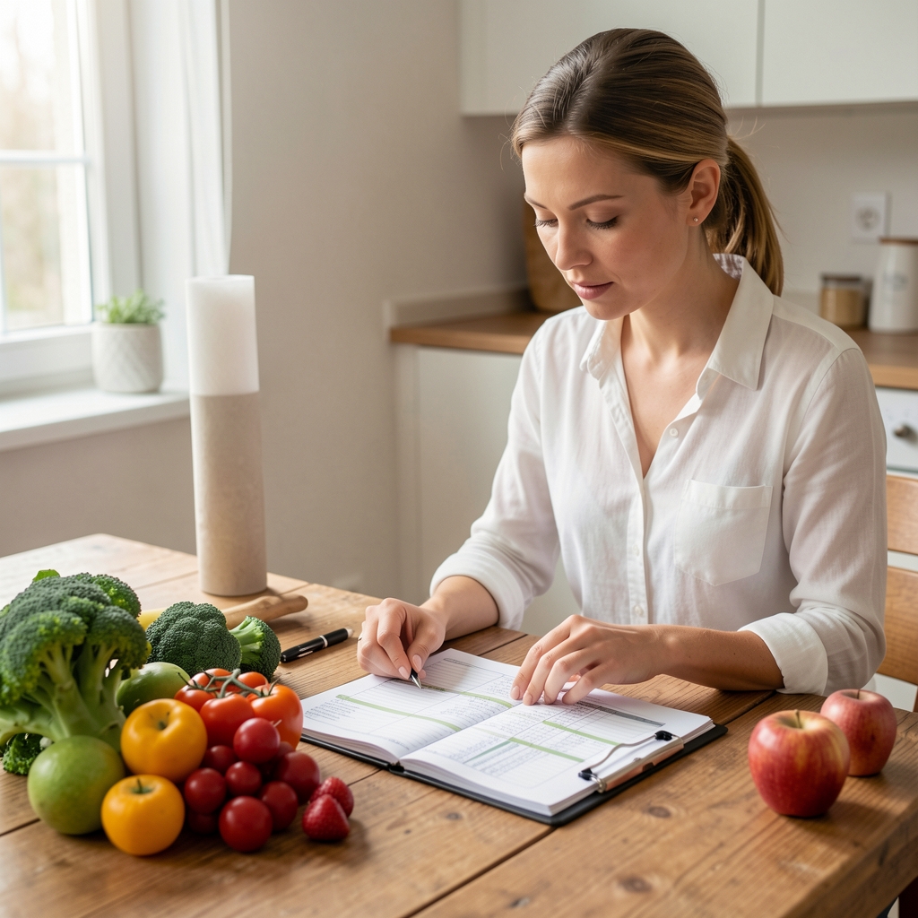 Qualifizierte Ernährungsfachperson betrachtet ein ausgefülltes Ernährungstagebuch auf einem Holztisch mit frischen Gemüse- und Obstproben daneben
