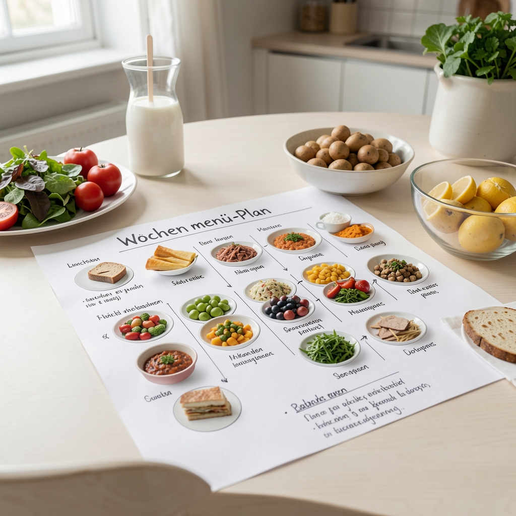 Wochenmenü-Plan auf Papier mit farblich sortierten ausgewogenen Mahlzeiten, frischen Zutaten und handgeschriebenen Notizen auf einem hellen Küchentisch
