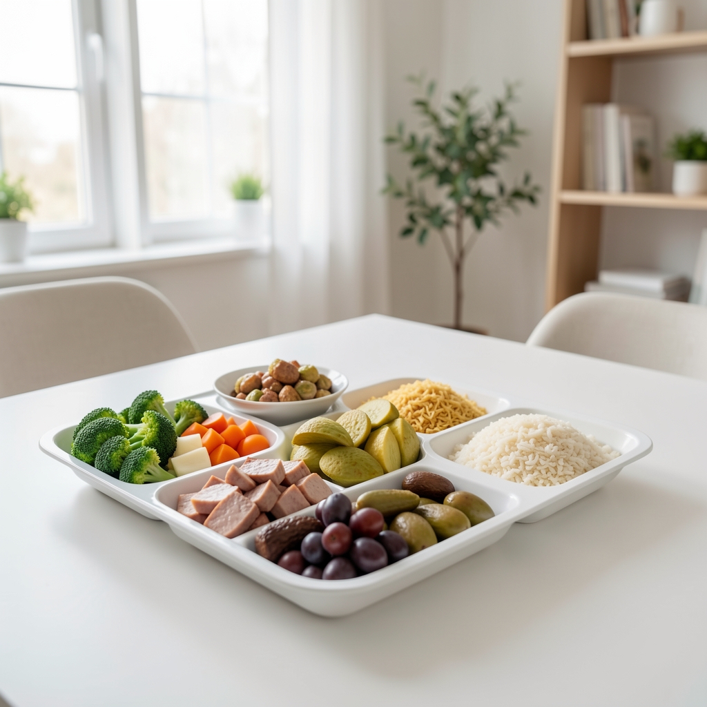 Ausgewogener Teller mit klarer Portionseinteilung für Gemüse, Proteine und Kohlenhydrate auf einem weissen Tisch in einem hellen Esszimmer