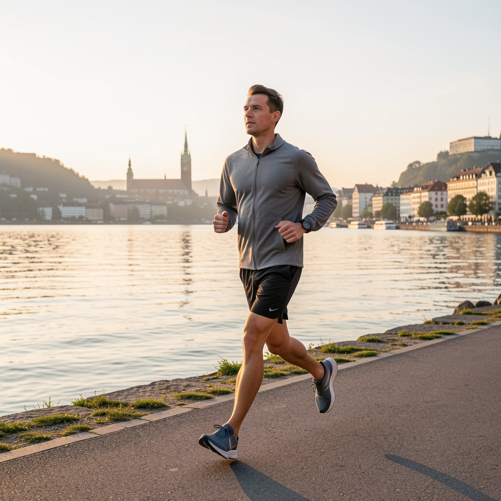 Person joggt bei Sonnenaufgang entlang des Zürichsees, aktiver Lebensstil, natürliches Licht, moderate körperliche Aktivität im Alltag